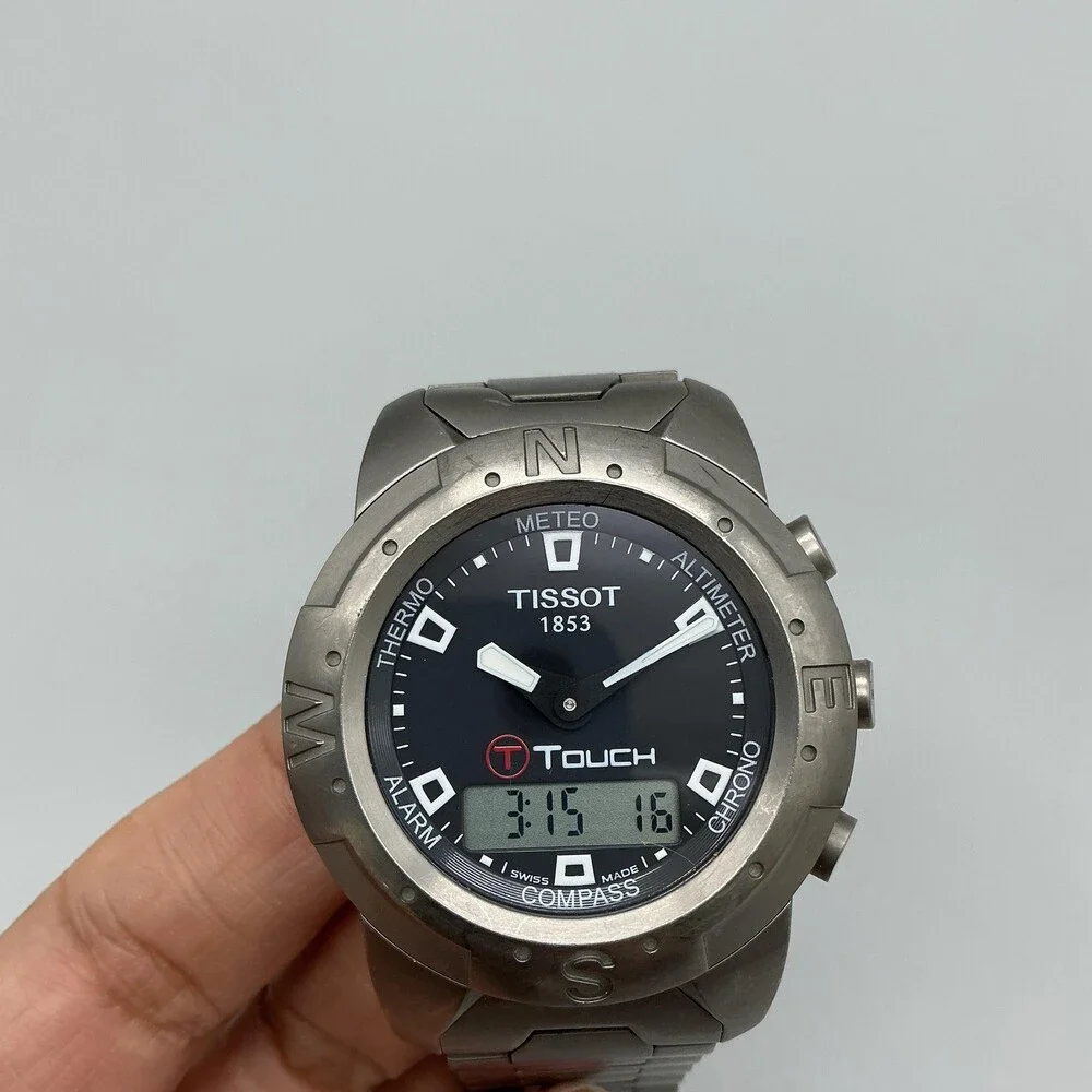 Tissot T-Touch Mens Watch 40mm Black Dial Titanium Bracelet New Battery 7.5